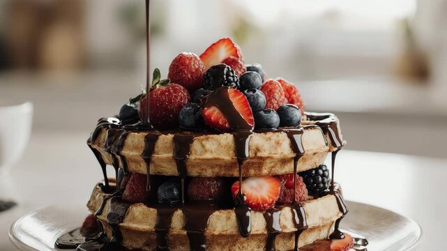 Chocolate sauce flowing slowly over two stacked Belgian waffles topped with fresh berries, dramatic side lighting, moody dark background, medium shot framing showing full stack, glossy chocolate drip