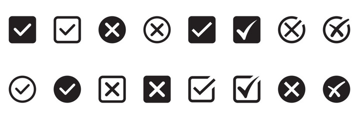 Check tick mark icon set. Cross box x check mark checkbox v list vector draw hand drawn sketch doodle brush marker checklist symbol wrong right circle.  © Hike Studio 5