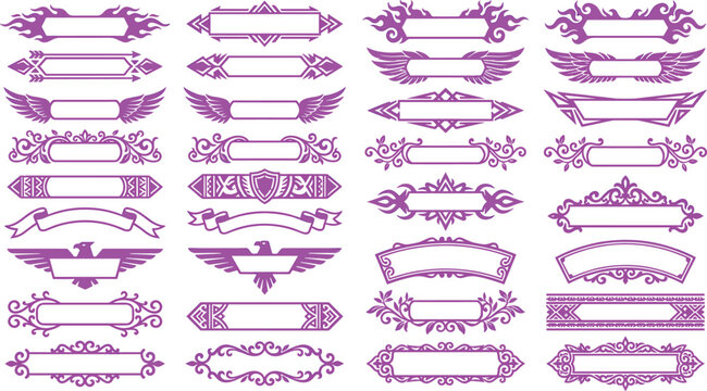 Decorative ribbon banner and text frame vector set featuring pink tribal fire flames, eagle heraldry, aztec geometric shapes, and winged scrolls on white background.