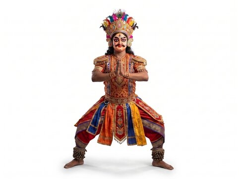 Traditional Chhau Dance Performer Greeting with Namaste on White Background