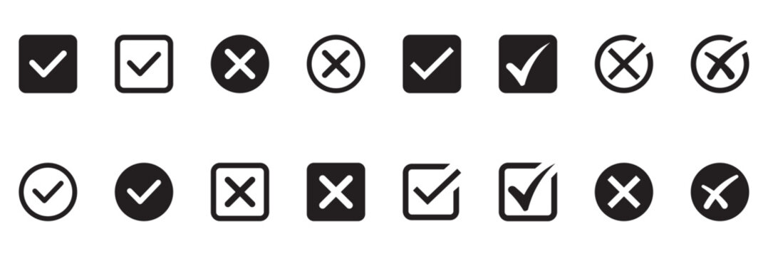 Check tick mark icon set. Cross box x check mark checkbox v list vector draw hand drawn sketch doodle brush marker checklist symbol wrong right circle. 