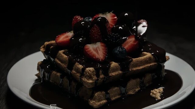 Chocolate sauce flowing slowly over two stacked Belgian waffles topped with fresh berries  dramatic side lighting  moody dark background  medium shot framing showing full stack  glossy chocolate drip