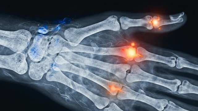 X-ray of hand highlighting painful inflamed finger joints.