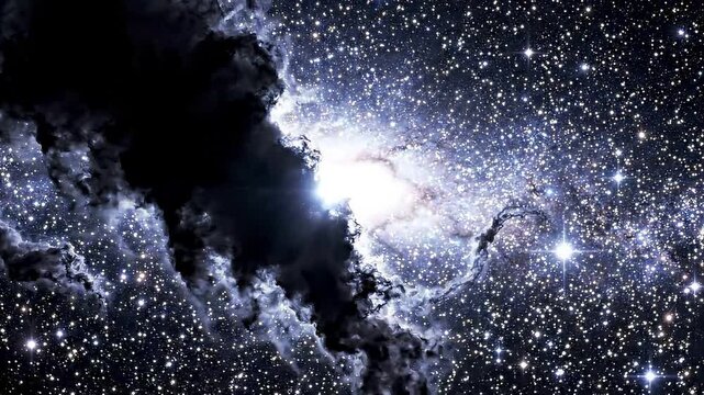 Dark molecular cloud silhouettes obscuring distant bright galaxy stars