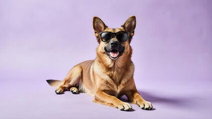 Obraz premium Cool funny dog wearing sunglasses lying on purple studio background for pet holiday