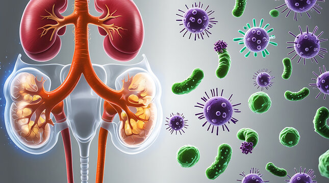 Anatomical view of human kidneys with various bacteria and viruses pathogens.