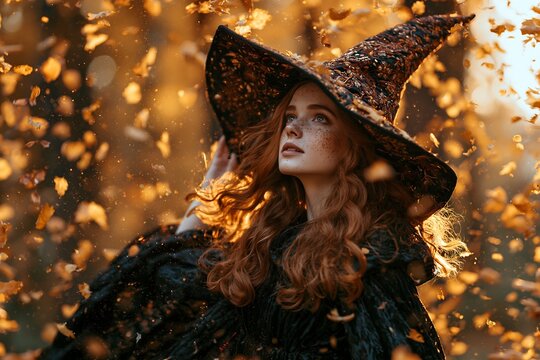 Beautiful young witch with red hair wearing a pointed hat in an autumn forest with falling leaves