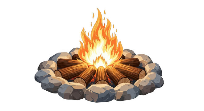 Burning campfire with logs and stones. Isolated bonfire flame on a transparent background.