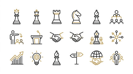 Business Strategy Icons Set Featuring Chess Pieces and Teamwork Symbols. © vinsmoke