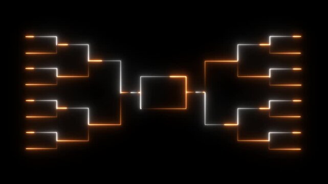 Neon tournament bracket animation with glowing orange and white lines on black background competition