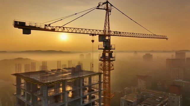 Generated VConstruction crane operating at urban skyscraper site during sunset. Heavy machinery lifting steel beams for high-rise building development.ideo