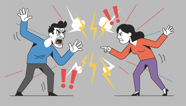 Angry husband and wife shouting and pointing fingers at each other during a heated relationship argument in a grey room.