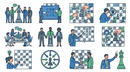 Business strategy and teamwork illustrated with chess pieces and people. © vinsmoke