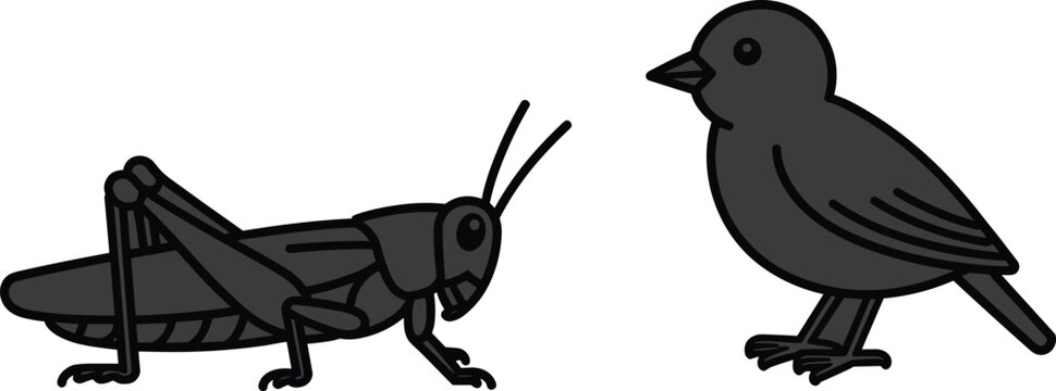 Minimalist grasshopper and bird vector illustration icons isolated on white background