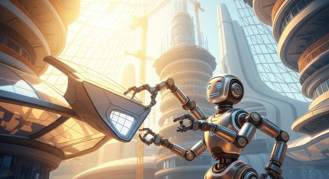 Futuristic robot with multiple arms building a complex structure in a gleaming, advanced city under a bright sun
