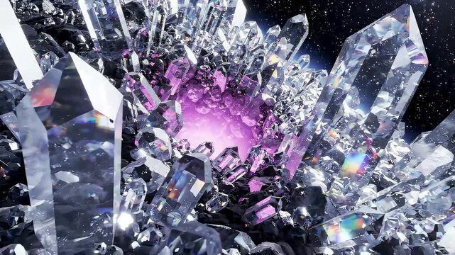 Surreal crystalline planet with glowing core floating in dark space