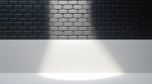 Minimalist interior studio with spotlight beam on dark brick wall and floor.