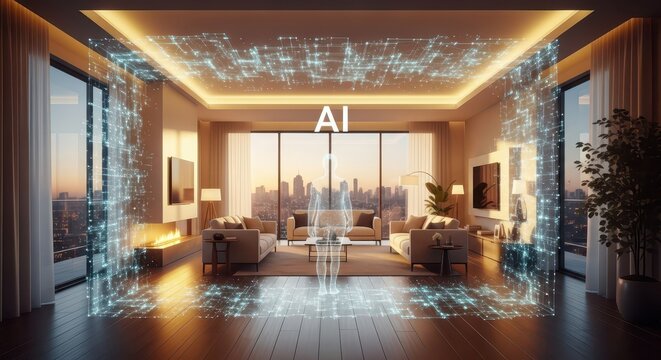 Futuristic smart home interior with AI interface overlay, showing digital data streams and a human silhouette with city view