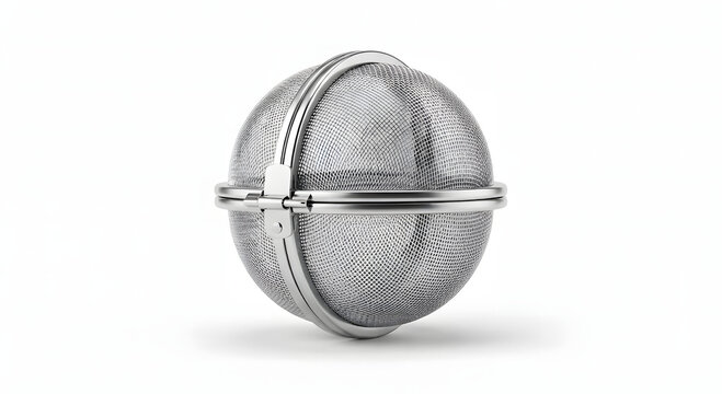 Stainless steel mesh tea infuser ball filter strainer isolated on white background.Premium silver stainless steel herbal tea strainer ball tool for loose leaf brewing.