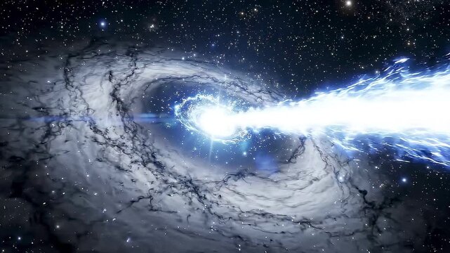 Distant active galactic nucleus quasar emitting powerful energy jet