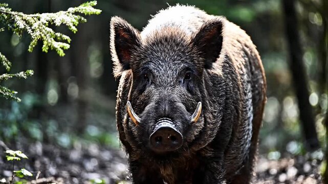 A wild boar stands alert within the dense green foliage of a natural forest environment as the powerful mammal scavenges for food while observing the surroundings in the quiet morning wilderness