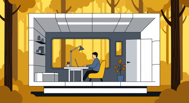 Man working on a laptop inside a modern tiny cabin in an autumn forest