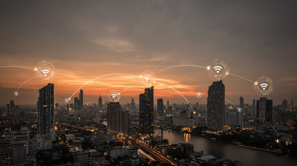 Fototapeta premium Social media fo city and Smart digital Innovation city with connection network reciprocity over the cityscape. of future smart wireless city and social media networking systems that connects business