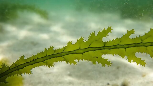 Green Seaweed Algae Swaying Underwater on Sandy Seabed 4K Video