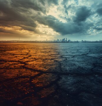 Cracked earth landscape with distant cityscape under dramatic skies