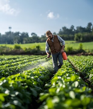 Farmer spraying crops in a field outdoor agricultural photograph