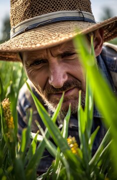 Farmer With Straw Hat Inspecting Corn Plants In Field
