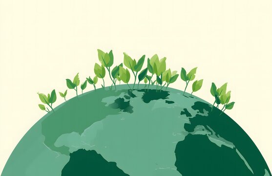 Green globe with sprouting leaves vector illustration on a pale background