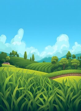 Rolling green hills and farmland vector illustration with blue sky