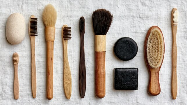 Professional Makeup Brushes Set on Rustic Wooden Table Beauty Cosmetics Tools and Accessories Flat Lay Background