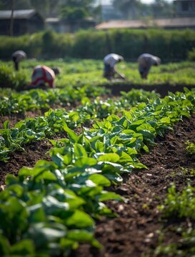 Vegetable garden with farmers working in the background outdoor scene