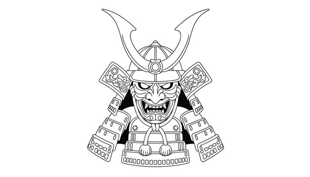 Detailed black and white line art illustration of a traditional Japanese samurai helmet with a menacing demon mask.