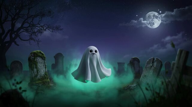 Cute floating ghost in spooky graveyard at night under full moon 4K Ai HD high quality video.