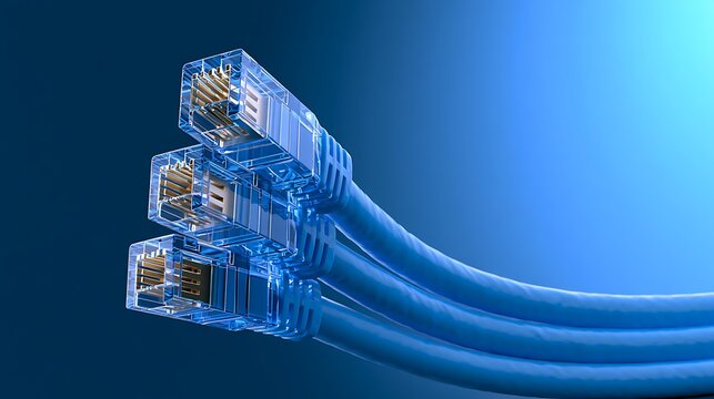 Network connection, internet, technology concept - Ethernet Network RJ45 cables on blue background. 3d illustration