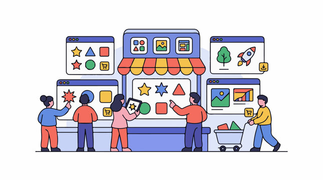 People interact with digital interfaces showcasing product selection