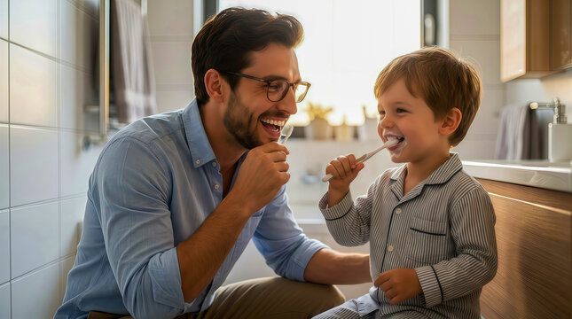 Father and son brushing teeth together in bathroom