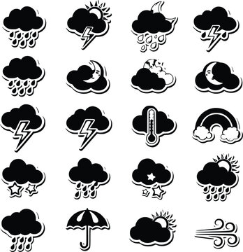 Weather Icons Depicting Various Atmospheric Conditions and Phenomena with Clouds, Rain, Lightning, Snow, and Wind