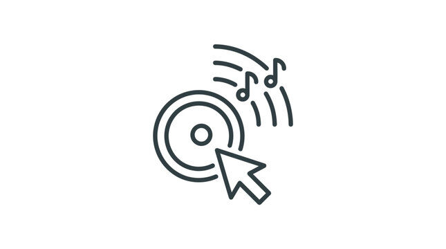 Cursor clicking on music icon with sound waves and notes, symbolizing digital audio playback and selection.