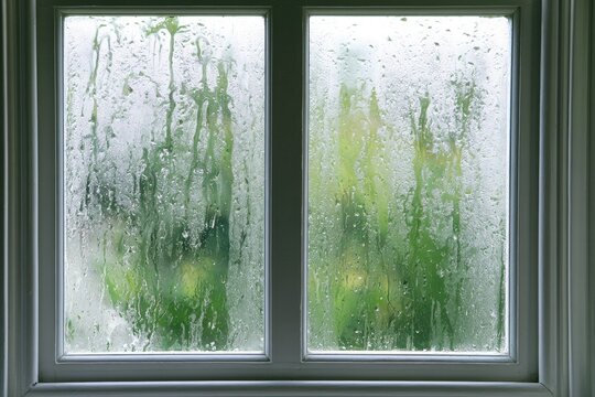 Water droplets and condensation streak down a window pane, blurring lush greenery