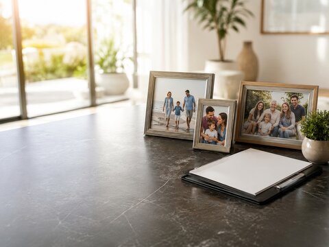 Detalles de una mesa con fotos familiares y un cuaderno en una habitaci&oacute;n iluminada
