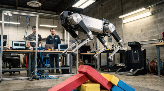 quadruped robot jumping over foam blocks in robotics lab while engineers observe with safety glasses, tools, and charging dock nearby
