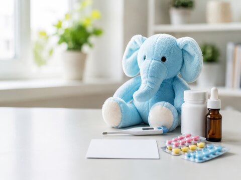 Pelota de peluche azul y medicinas en una mesa con plantas al fondo
