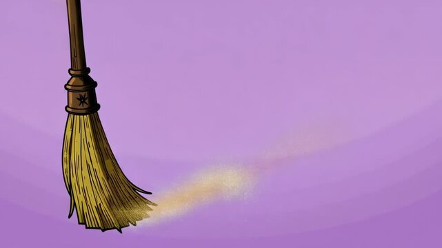 A traditional straw broom sweeping, leaving a trail of golden dust against a vibrant purple background.