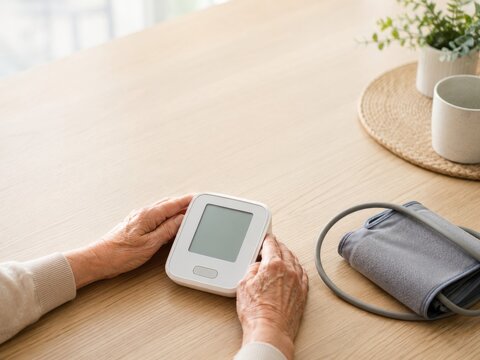 Control de presi&oacute;n arterial en casa con un tensi&oacute;metro digital en una mesa