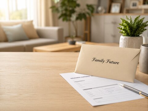 El sobre titulado futuro familiar est&aacute; en una mesa con un contrato de seguro en un hogar