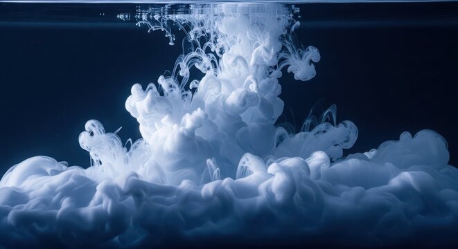 Blue ink clouds swirling and dissolving in water creating abstract artistic patterns